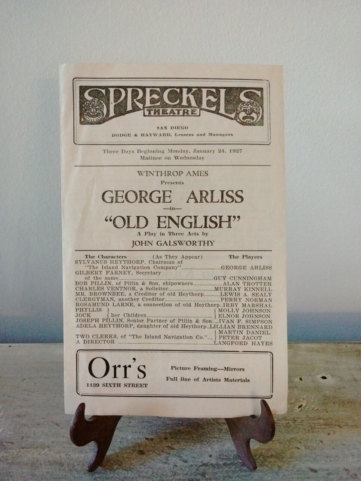 Rare 1927 Vintage Theatre Program Spreckels Theatre ~San Diego, CA George Arliss
