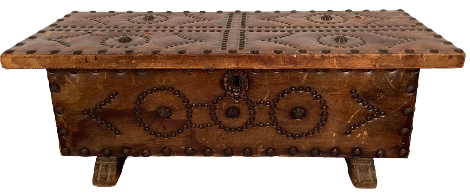 Antique Large Spanish Leather Made Rare Storage Box With Stud Patterning W44cm