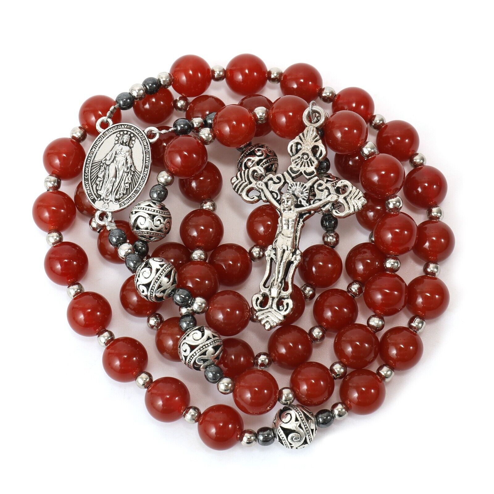 Red Garnet Beads Rosary Necklace Miraculous Medal with Silver Crucifix