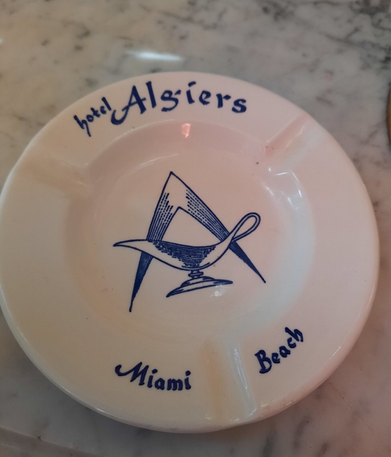 Hotel Algiers Miami Beach, Florida White Blue Royal China Ashtray Made in USA  