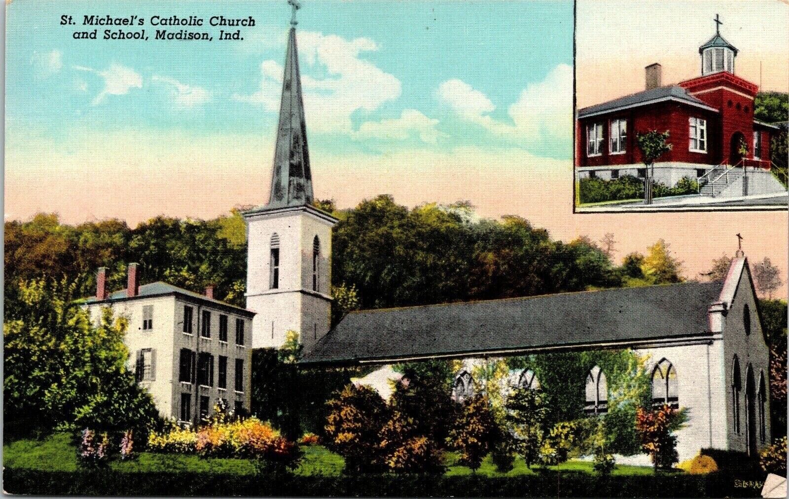 Views St Michaels Catholic Church School Building Madison Indiana Postcard UNP