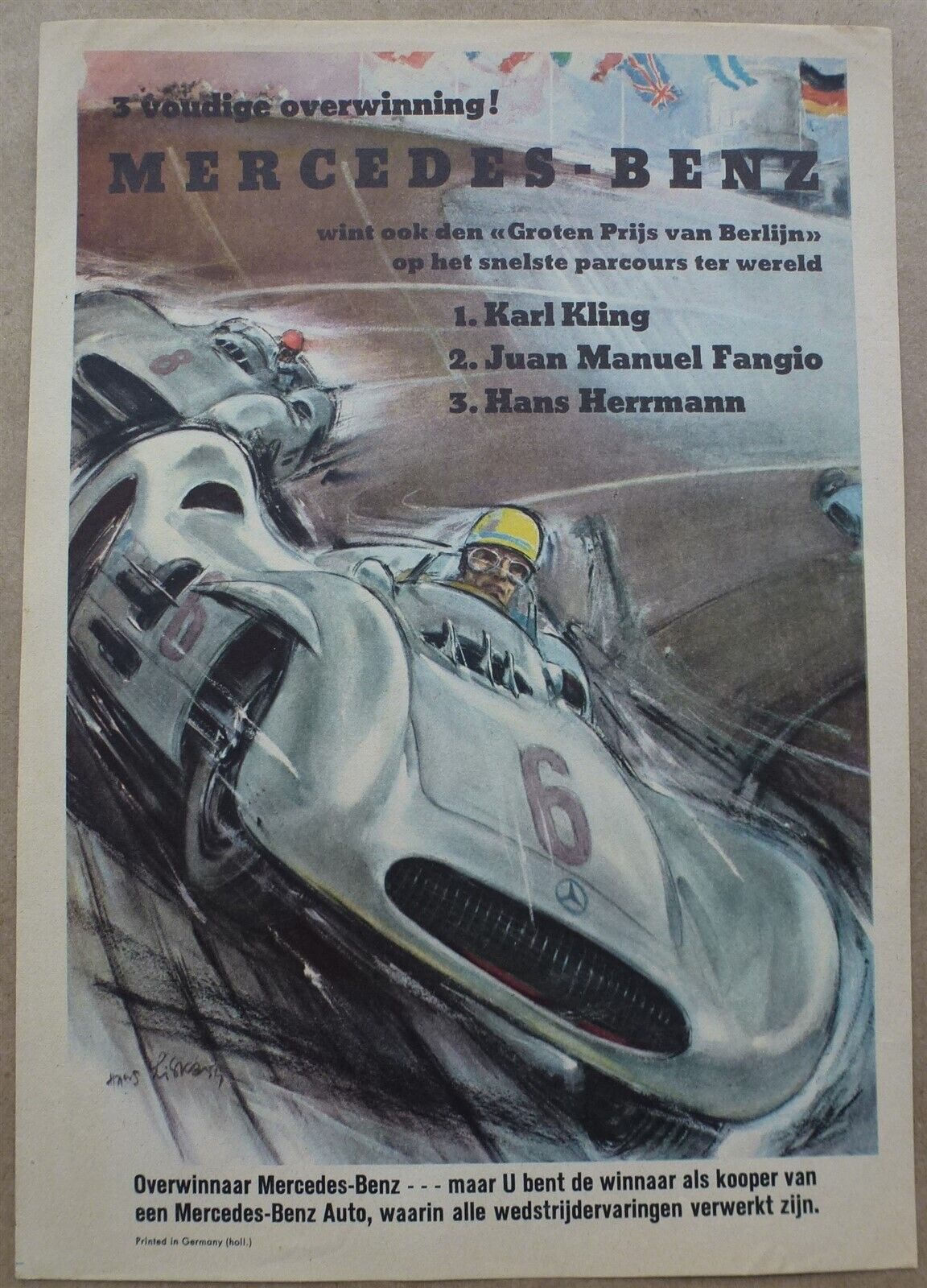 Poster Mercedes 1954 original victory poster Berlin GP Kling Fangio by Liska