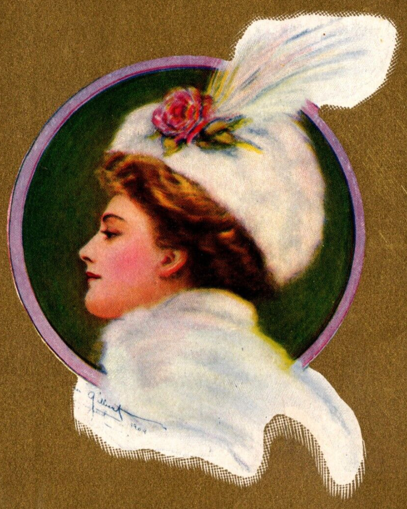 c1909 Elegant Woman w/ White Hat & Scarf by Gilbert ANTIQUE Postcard