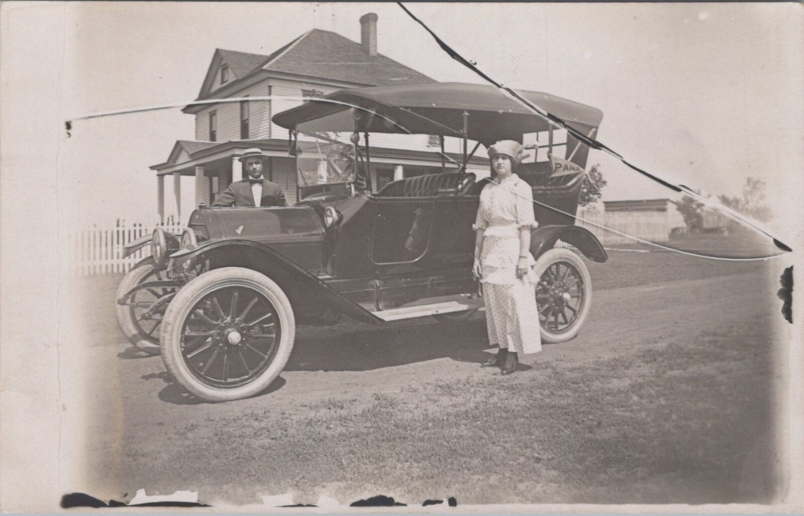 Old Car Man Woman Pana Flag Cracked Negative 1914 RPPC Photo Postcard