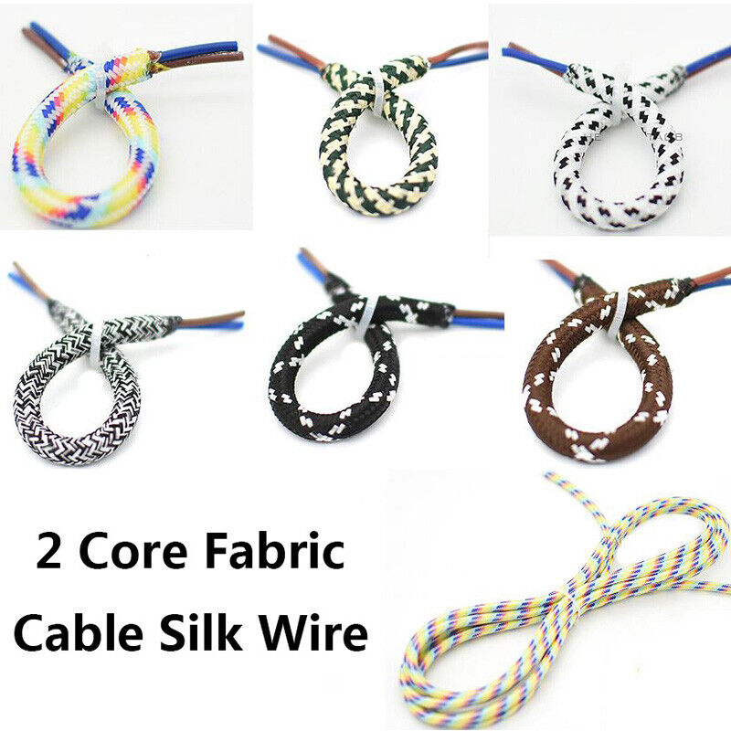 Coloured Braided Lighting 2 Core Fabric Cable Silk Wire Flex Cord Vintage Retro