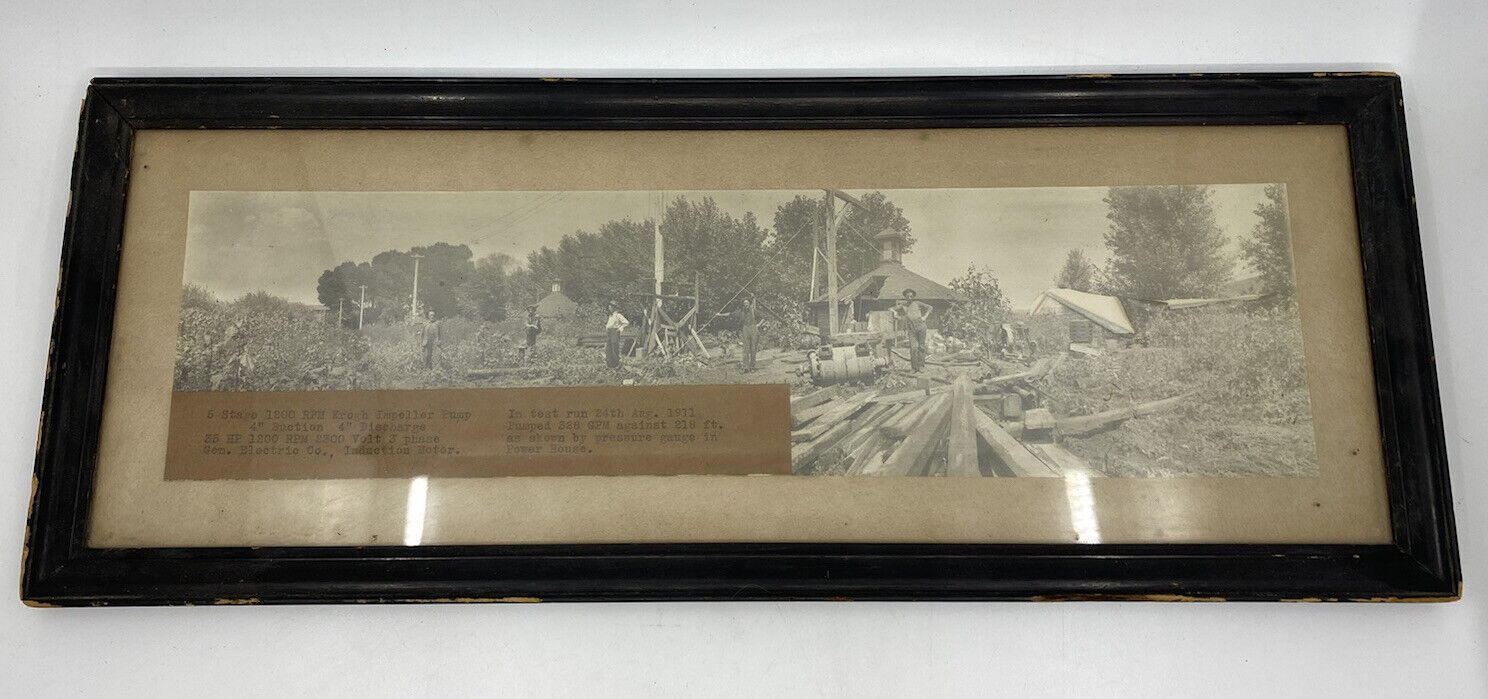 RARE FRAMED PHOTO 1911 Labor Krogh Impeller Pump Test Run Cotton Field G.E., Co.