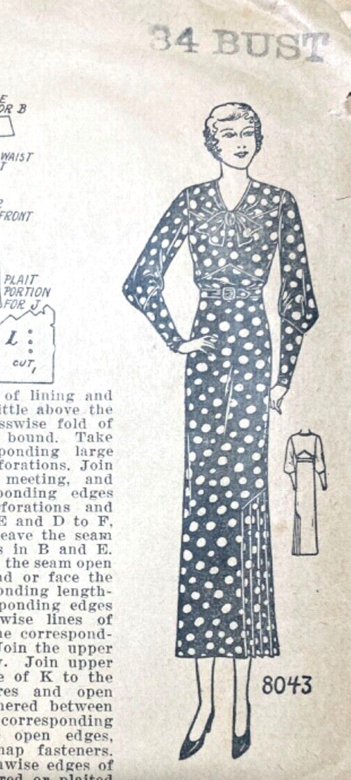 RARE 1920s/30s UNBRANDED PATTERN #8043 SIZE 16/B34 MISSES DRESS *COMPLETE