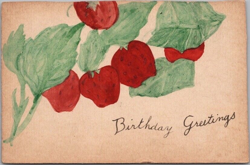 c1900s Hand-Drawn, Home-Made BIRTHDAY GREETINGS Postcard Cherries / Leaves