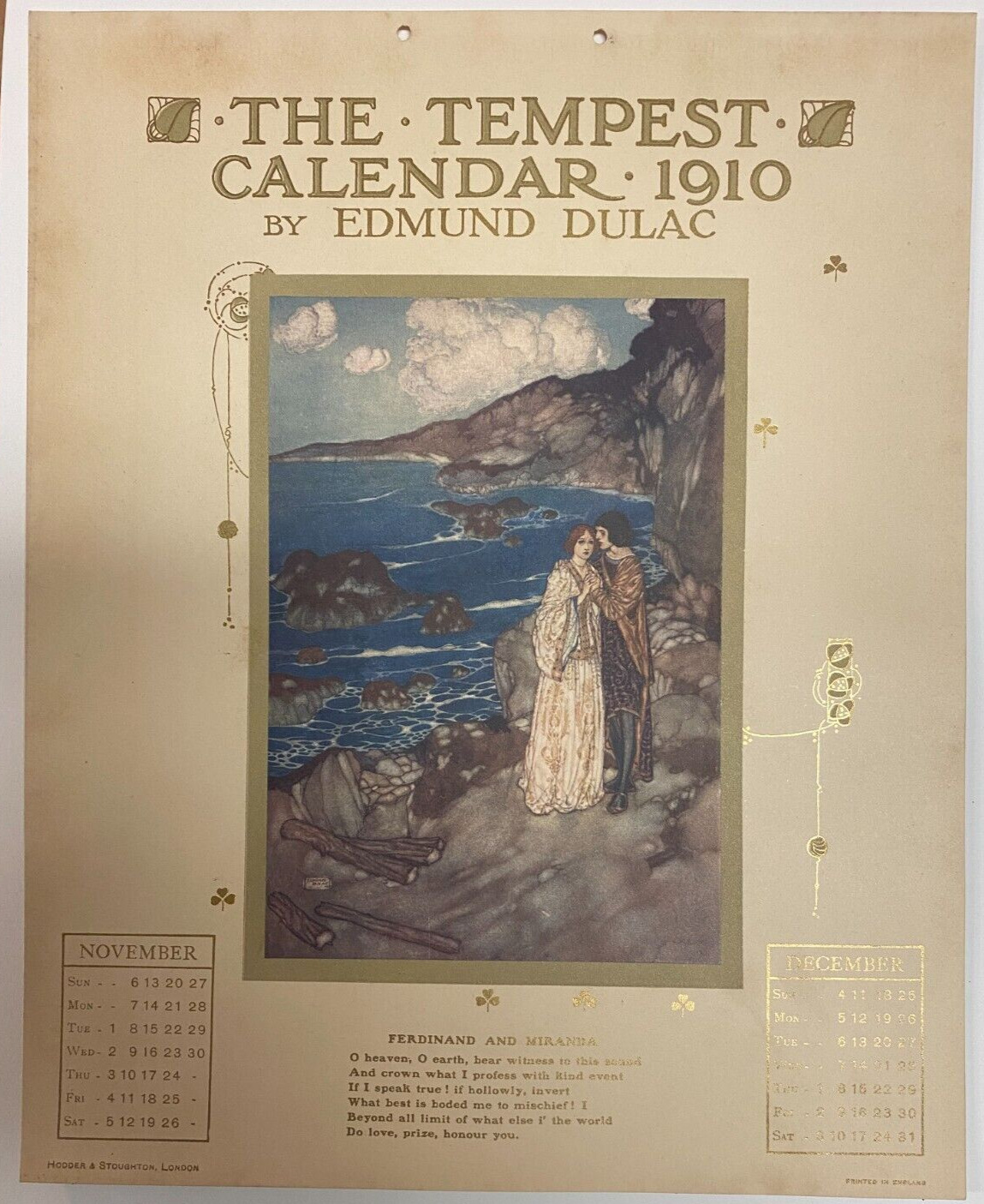 Edmund Dulac (1882-1953) THE TEMPEST SHAKESPEARE Calendar 1910 Nov. December