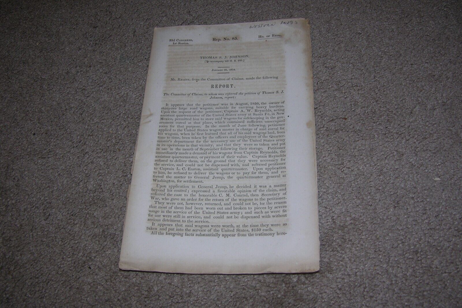 1850/1854 Claims Thomas Johnson New Mexico 32 missing wagons Government Document