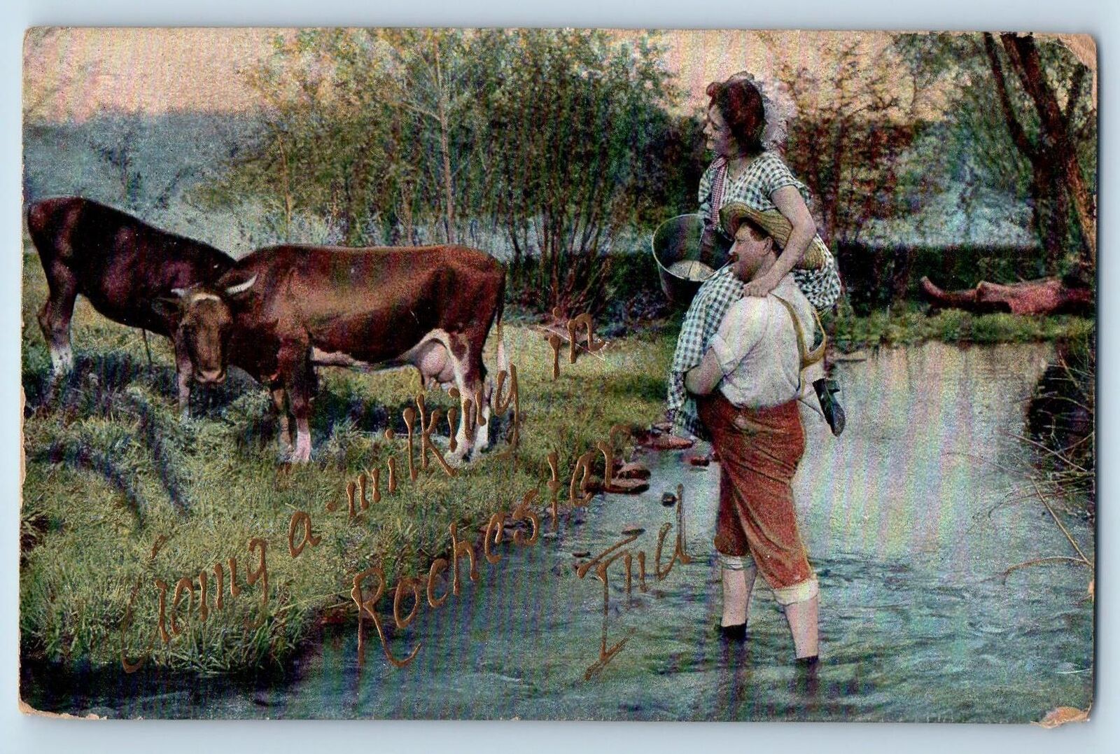 Rochester Indiana IN Postcard Going A Milking A Cow 1917 Man Carrying A Woman