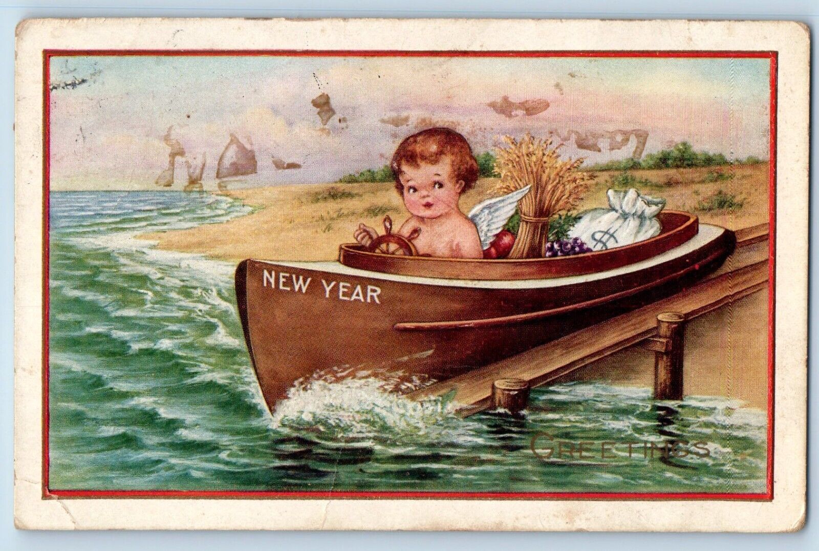 Earlville Illinois IL Postcard New Year Greetings Angel On Boat Embossed 1918