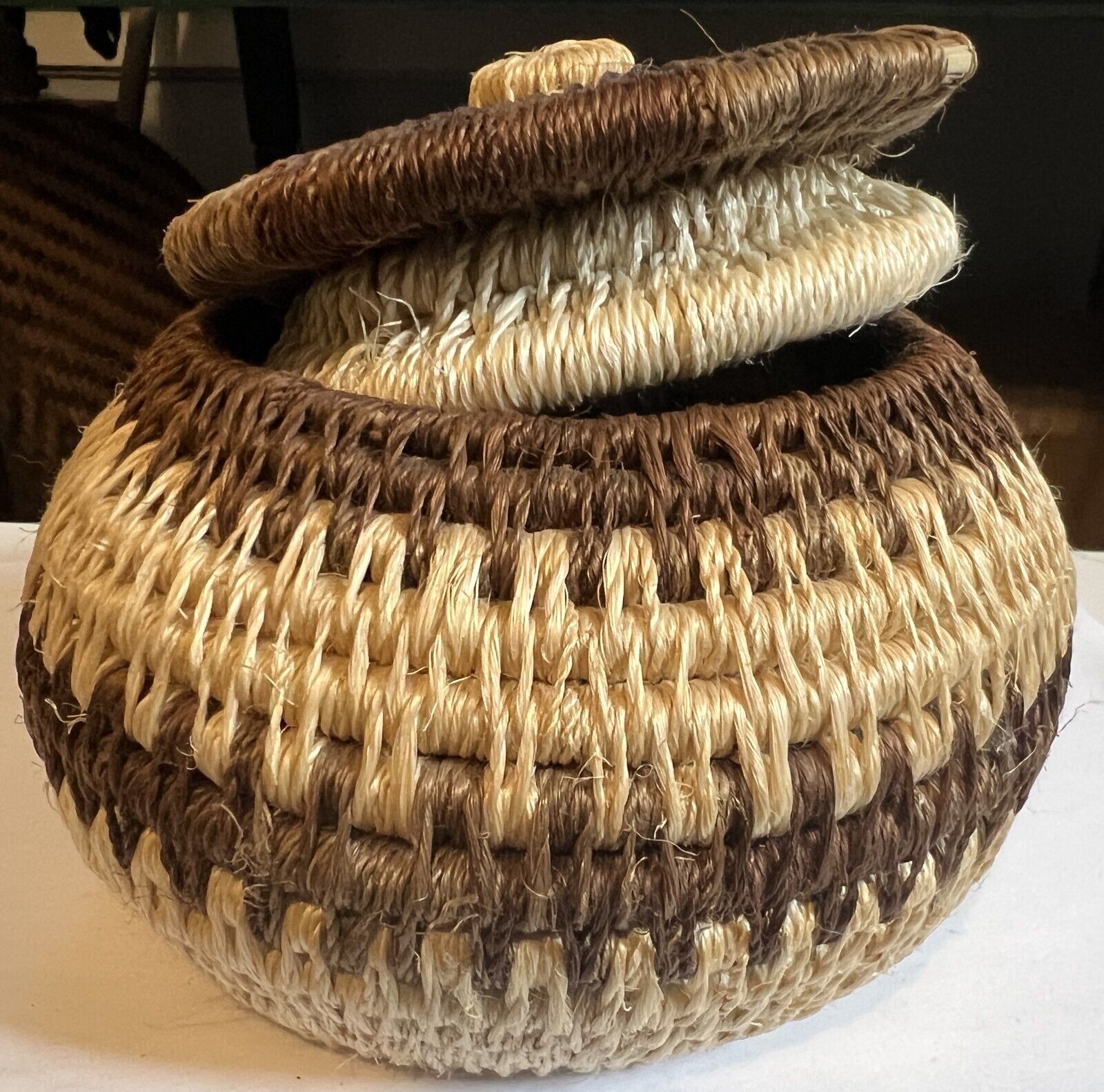 Botswana handmade basket with lid, tightly woven, earthtones