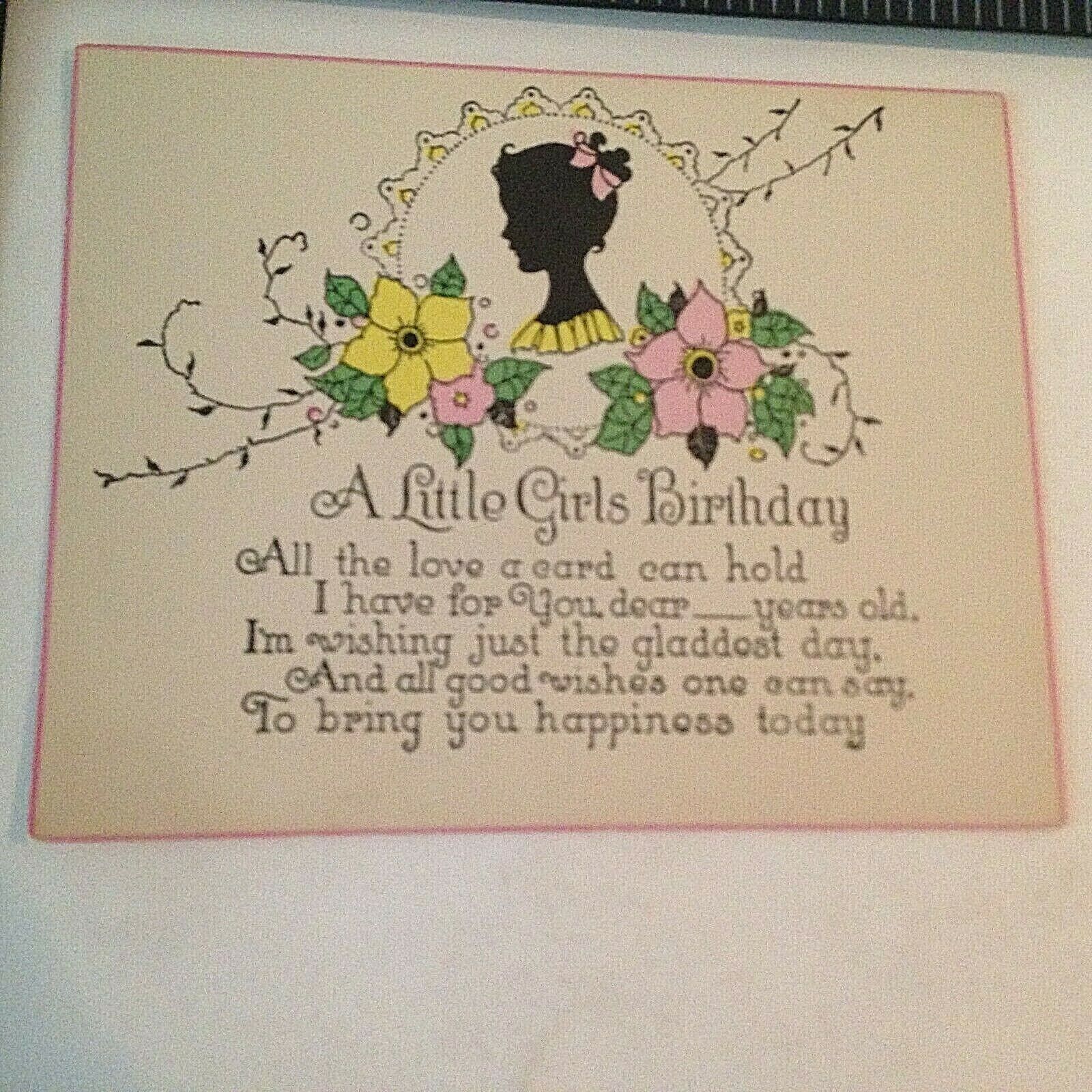 1930\'s ANTIQUE BIRTHDAY GREETING CARD A LITTLE GIRL SILHOUETTE 