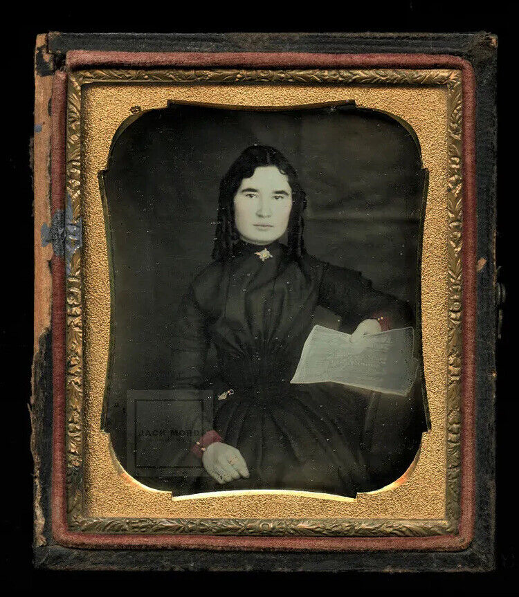 1850s Daguerreotype Pretty Woman Tinted Red Cuffs Holding Newspaper Glen Falls