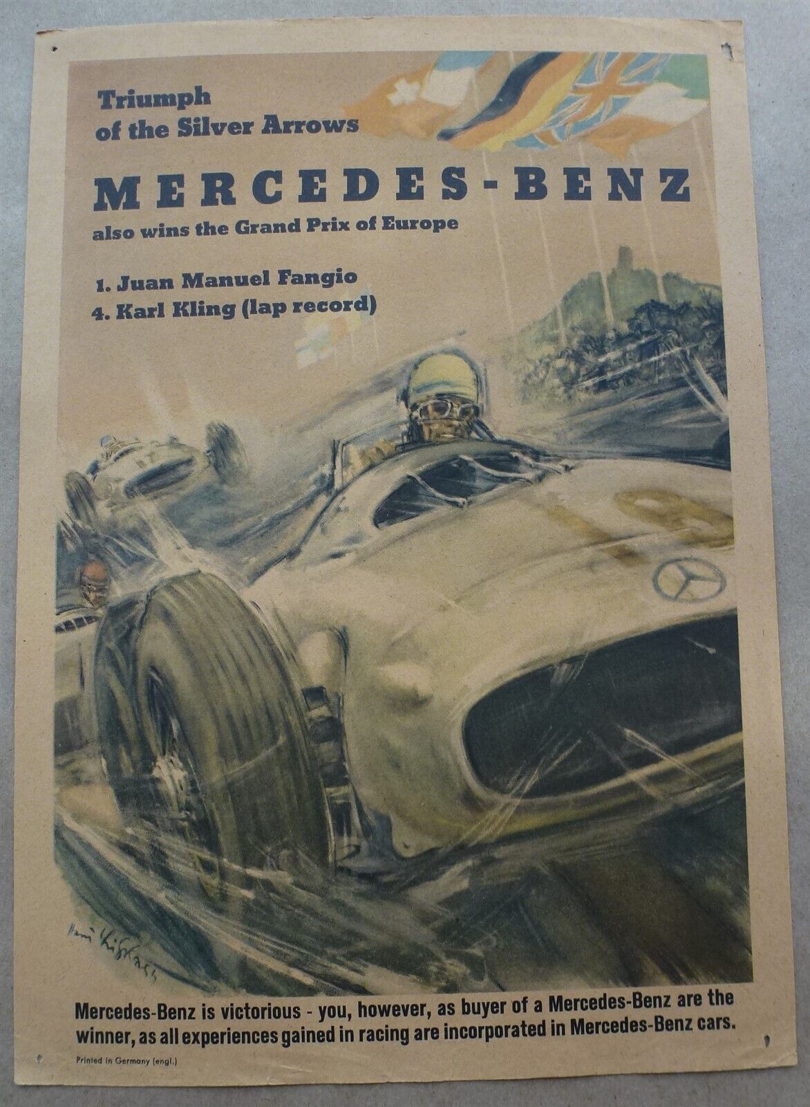 Poster Mercedes 1955 original victory poster GP of Europe Fangio Kling by Liska