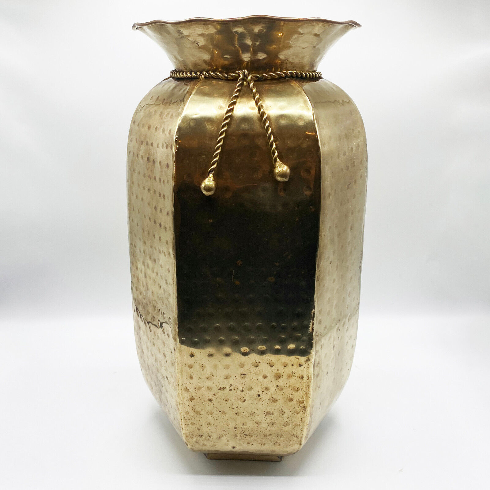 Vintage Hammered Brass Oversized Tall Vase with Rope Detail - Made in India