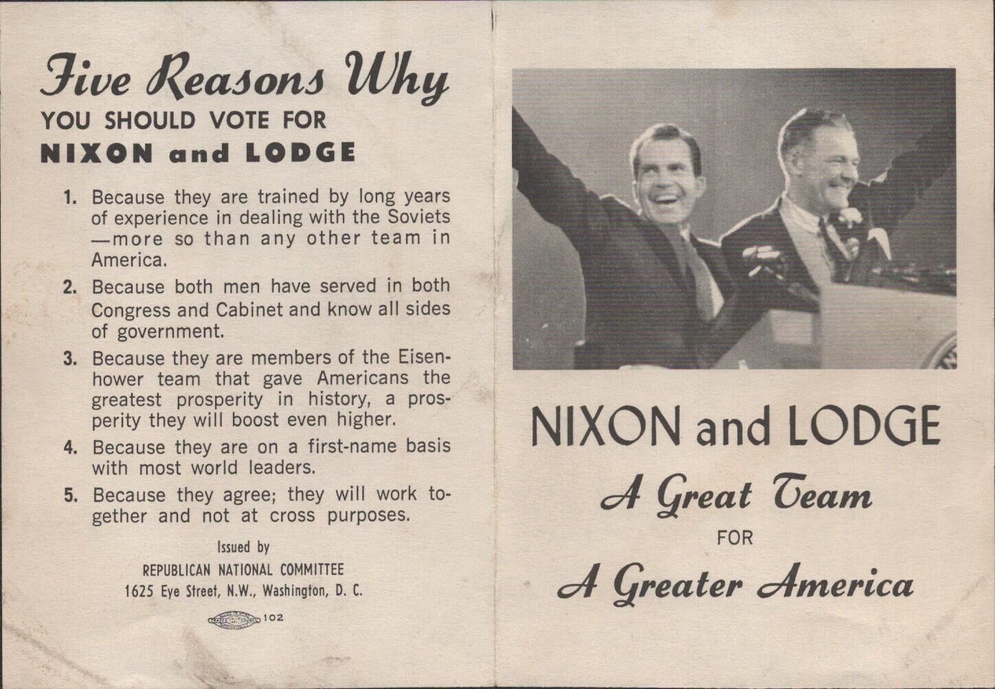 1960 RICHARD NIXON for PRESIDENT vintage political pamphlet HENRY CABOT LODGE