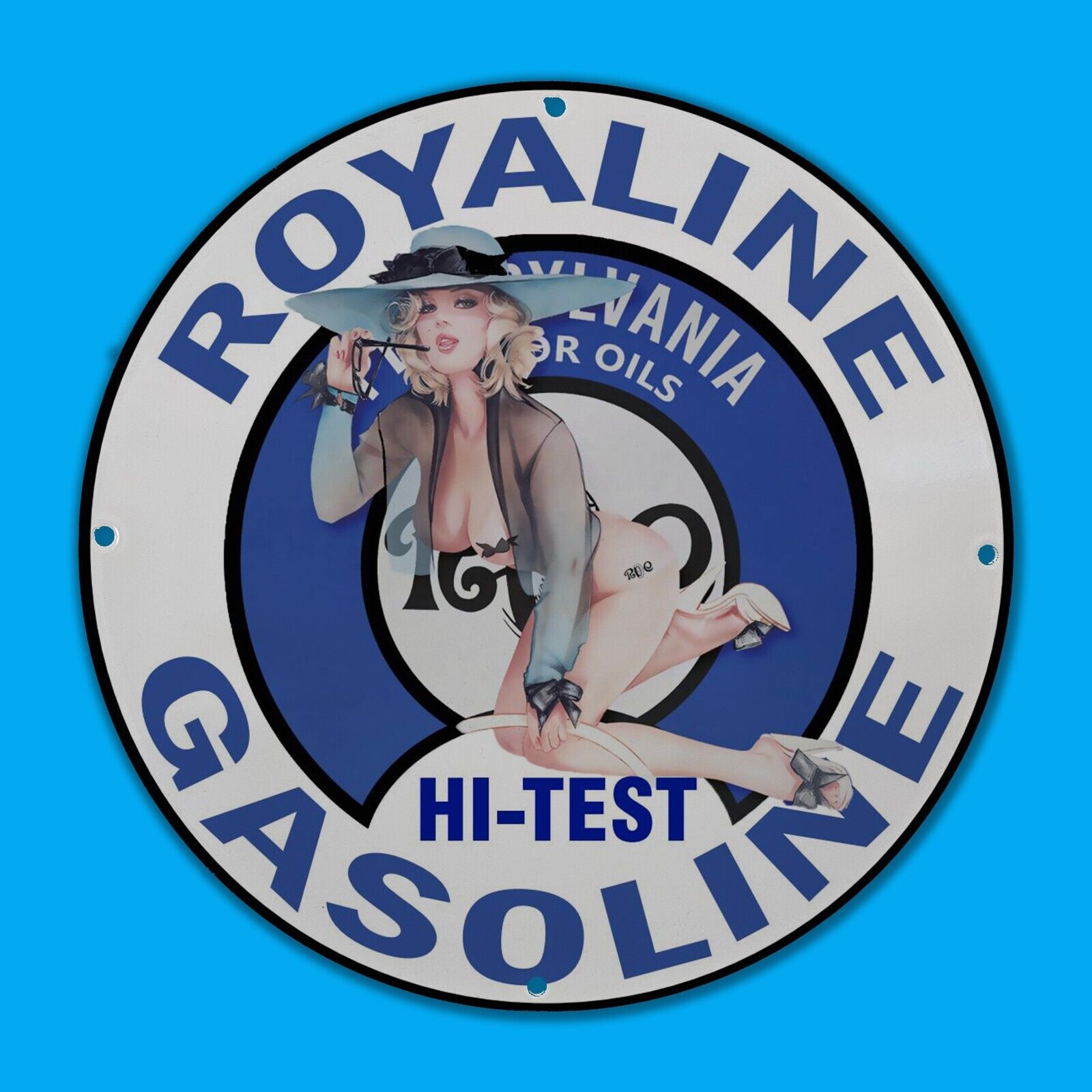 VINTAGE ROYALINE OILS BLUE GAS STATION SERVICE MAN CAVE OIL PORCELAIN SIGN