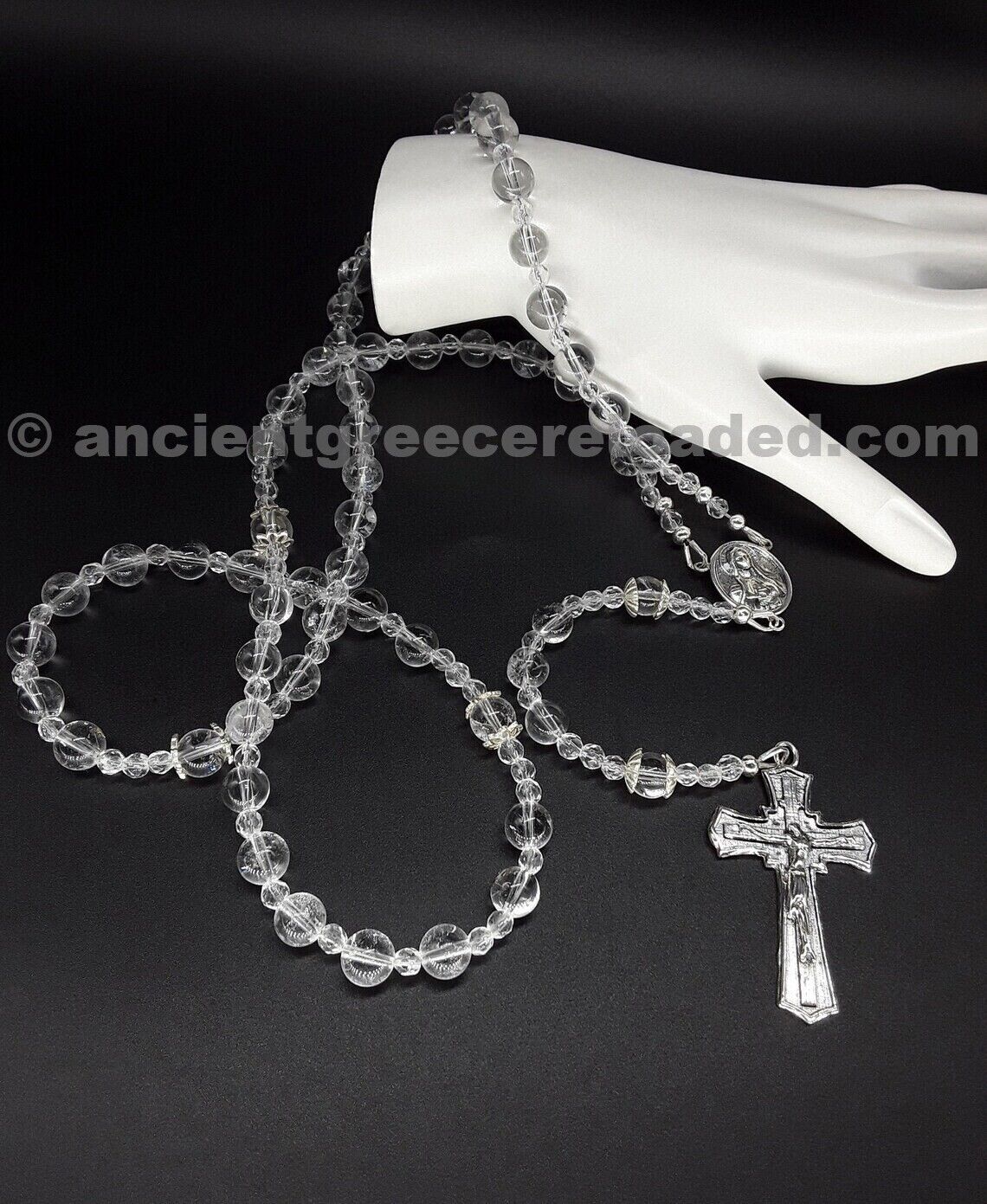 The Crystal Devine 5 Decade Catholic Rosary, 925 Silver, Natural Quartz Crystal