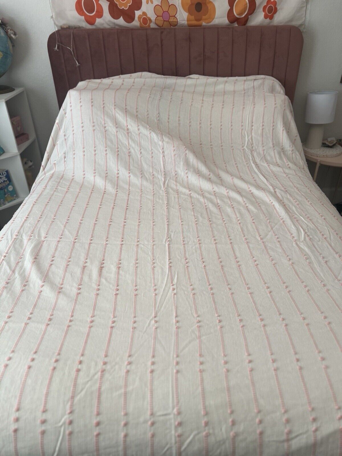 Vintage Full/Queen bedspread chenille cotton Dots MCM  Pink  And White