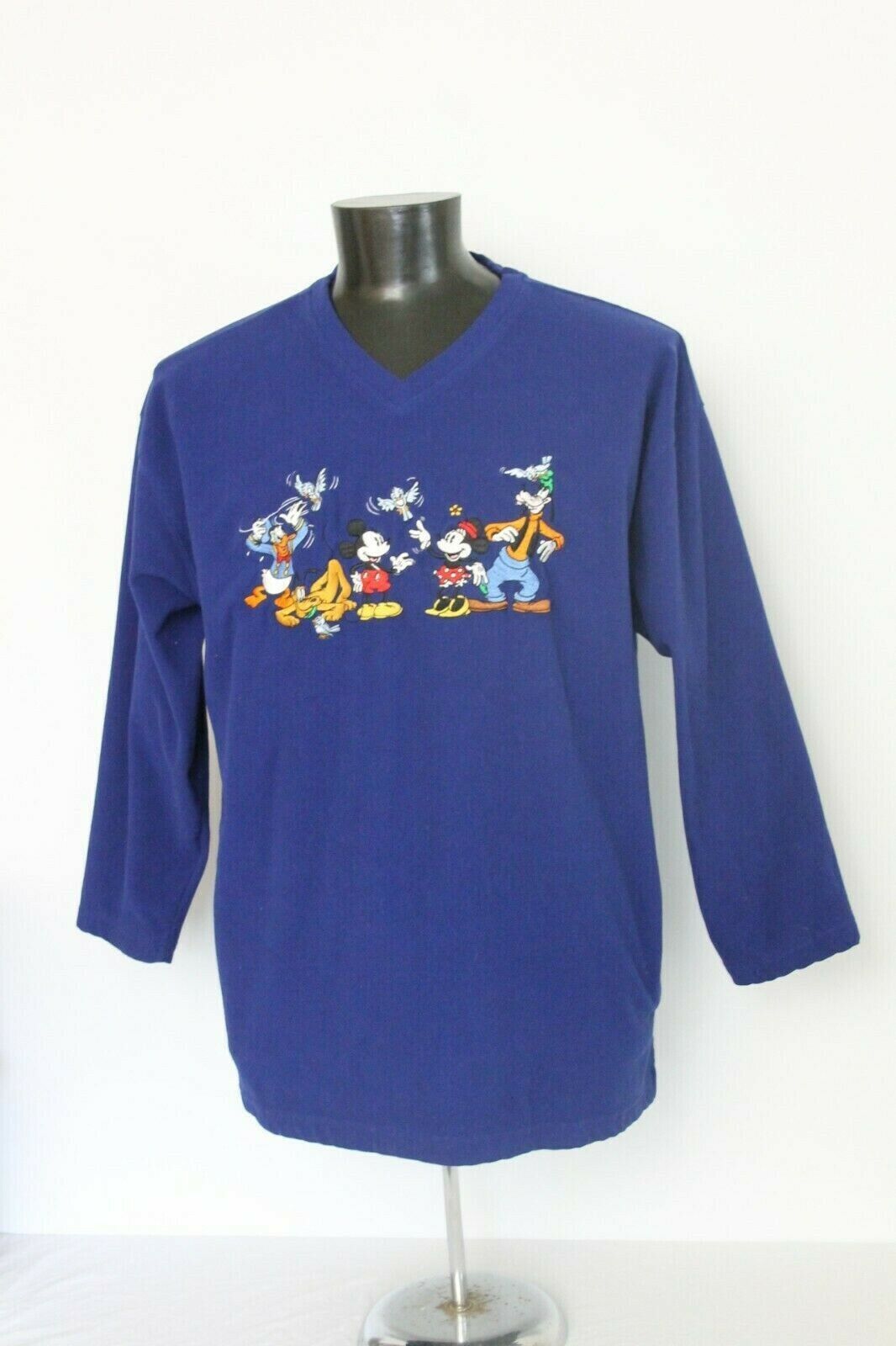 Vtg Mickey Mouse & Friends Disney V Neck Pullover Sz XL Blue Embroidered Fleece 