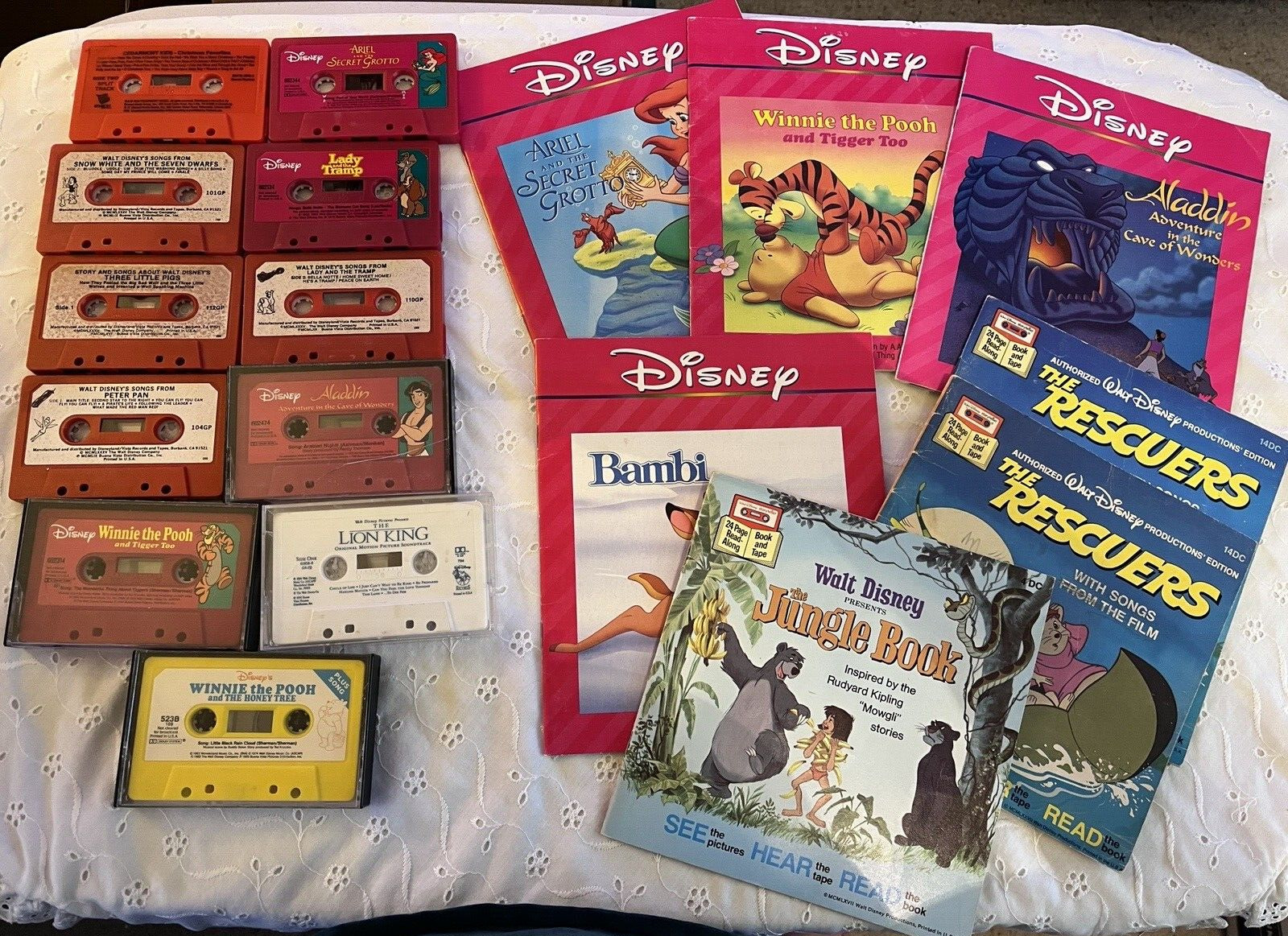 Vtg Disney Read Along Story 7 Book 11 Cassettes Lot Mermaid Bambi Jungle Pooh ++