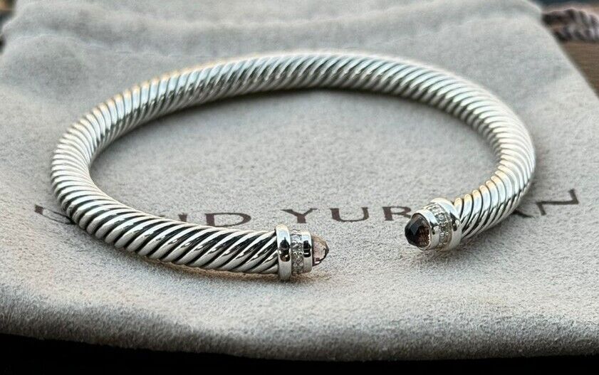 David Yurman 925 Silver 5mm Classic Cable Morganite & Diamonds Bracelet Sz Small