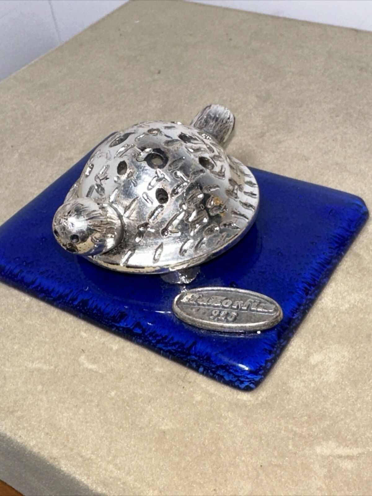 RARE Hazorfim Turtle Sterling silver Marked 925 Turtle On Cobalt Blue Glass Base