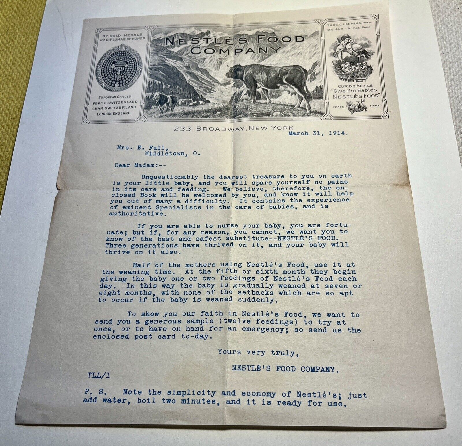 ATQ Nestle’s Food  Co. Letterhead Advertising Letter To New Mothers 1914 NYC
