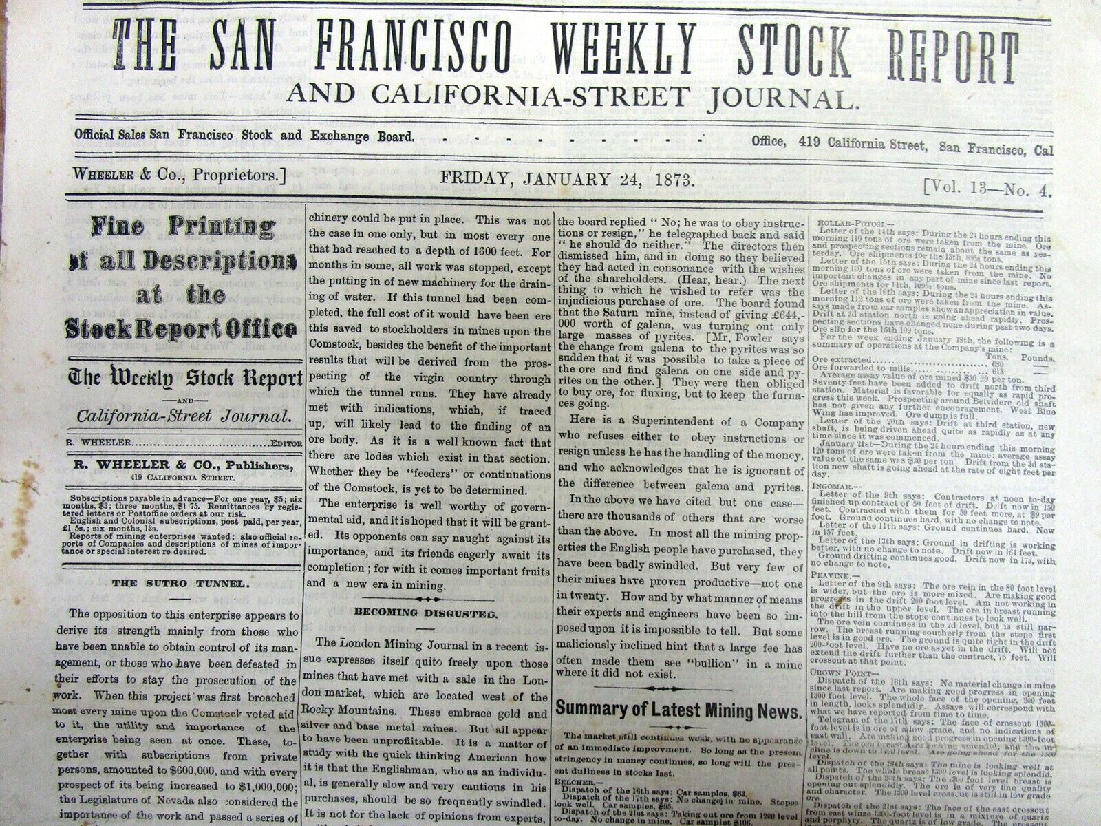 Rare 1873 San Francisco financial newspaper with Discovery of NEVADA SILVER MINE