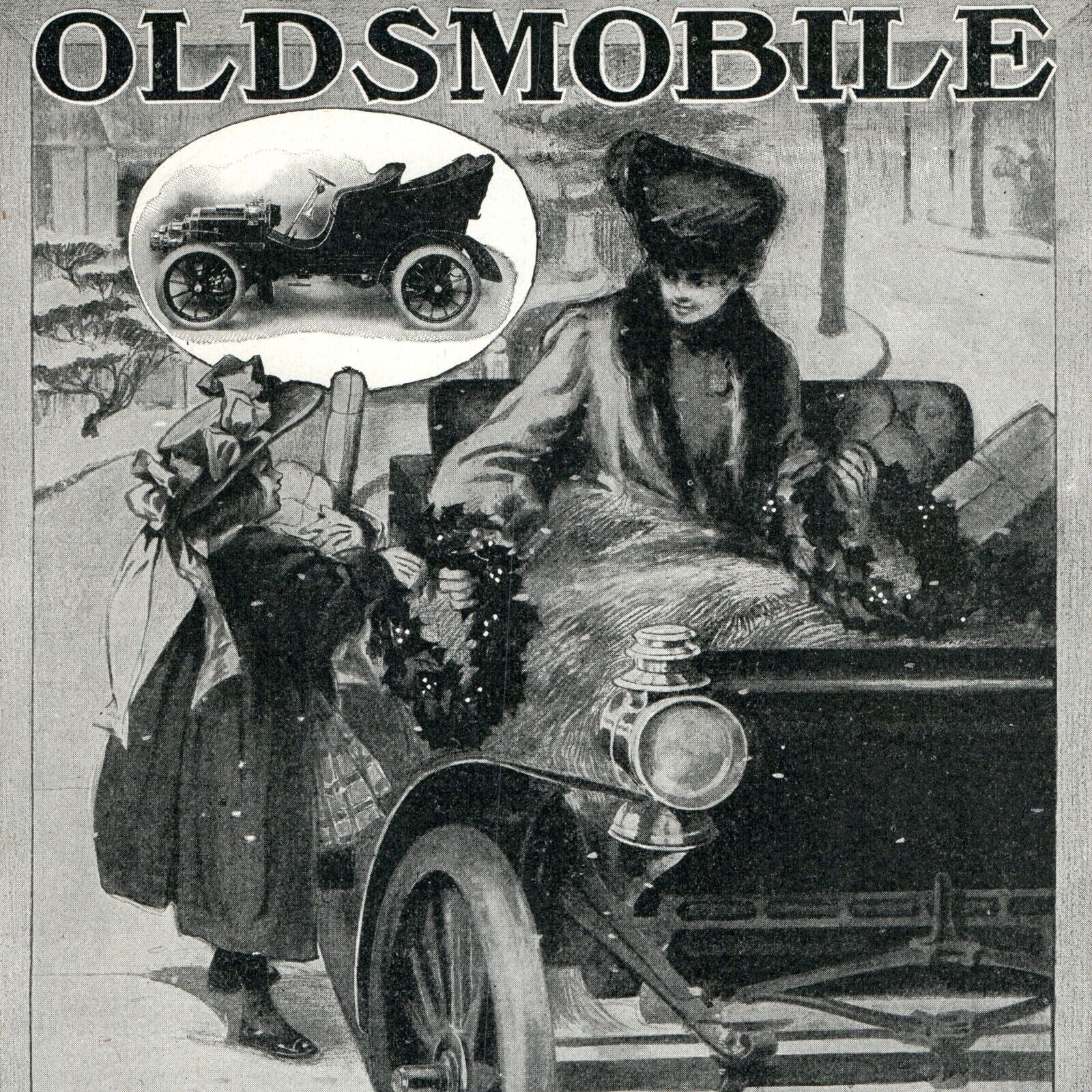 1904 Oldsmobile Auto Christmas Print Ad Woman w/ Wreath Girl Winter Original 1A