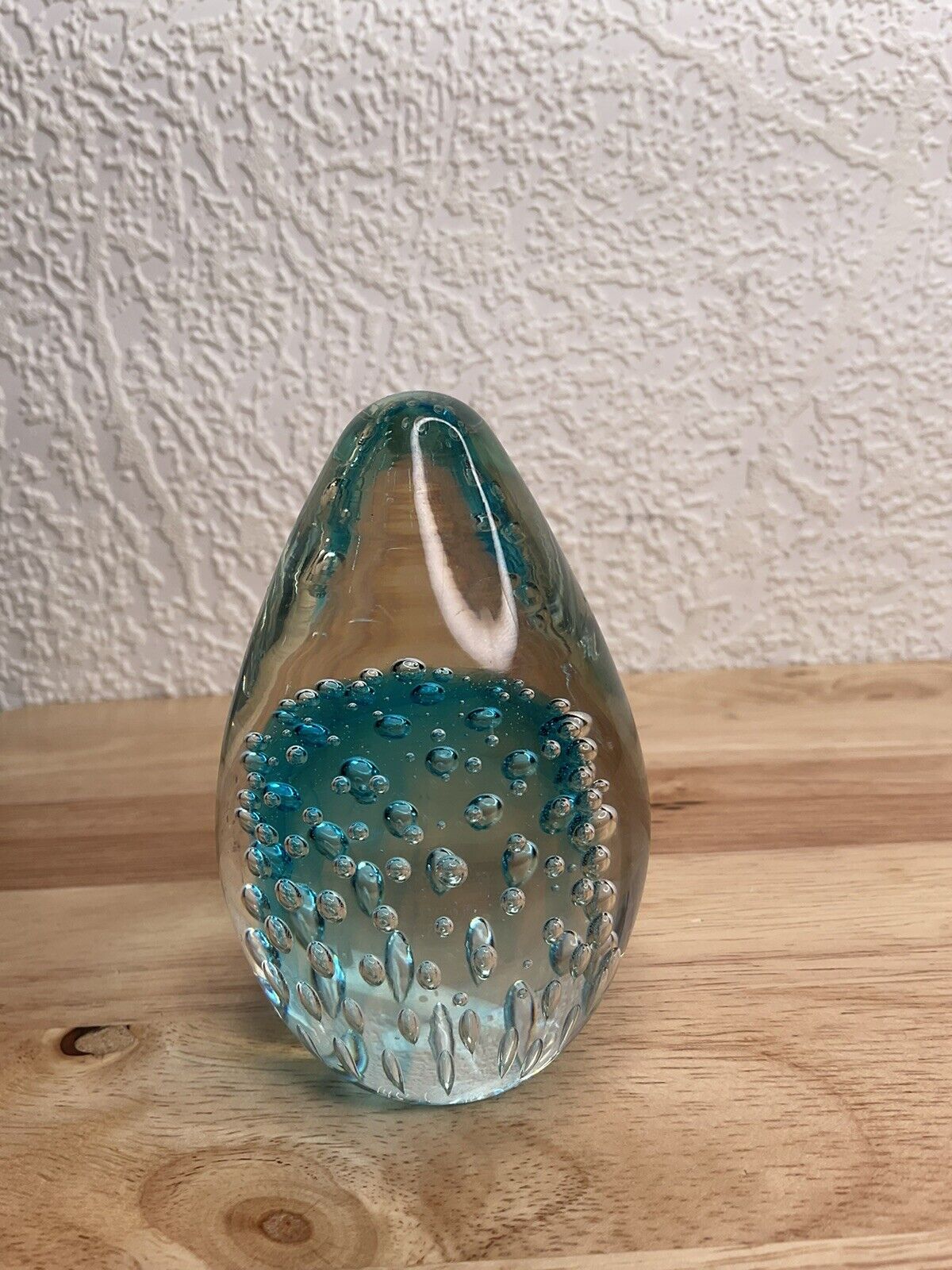 Vintage Egg Paperweight Aqua Bubble Drop Handmade Art Glass Sky Blu 4”