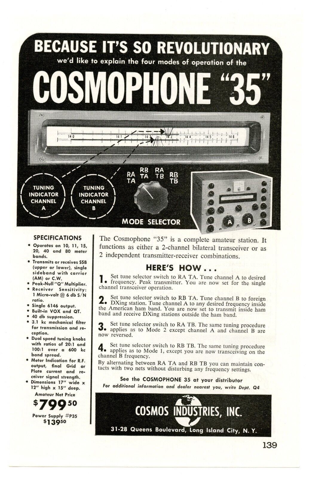 QST Ham Radio Mag. Ad COSMOPHONE 35 + Review Article (6/58)
