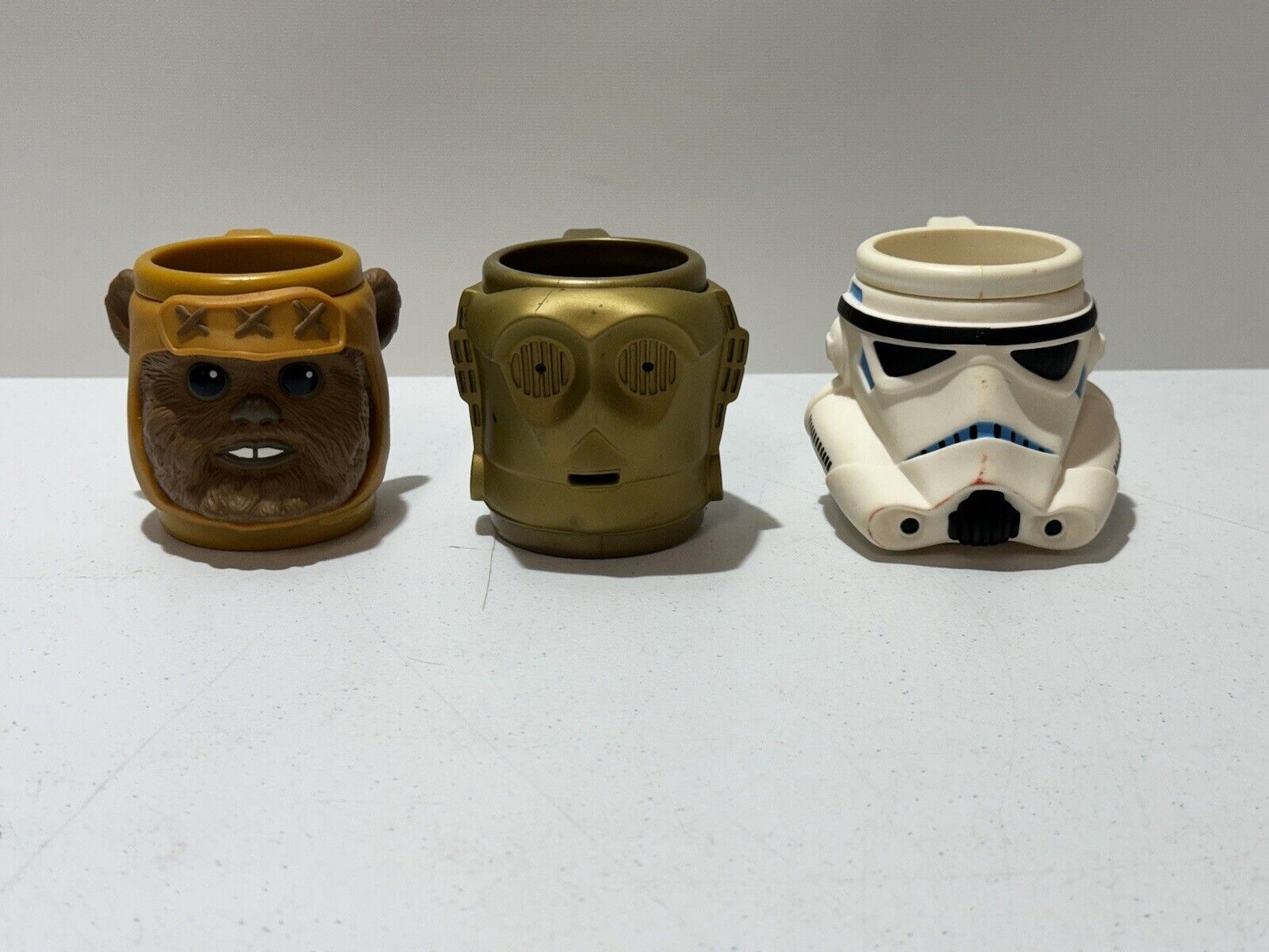 3 1997 STAR WARS PLASTIC MUG CUP BY APPLAUSE LOT Storm Trooper Ewok C-3PO