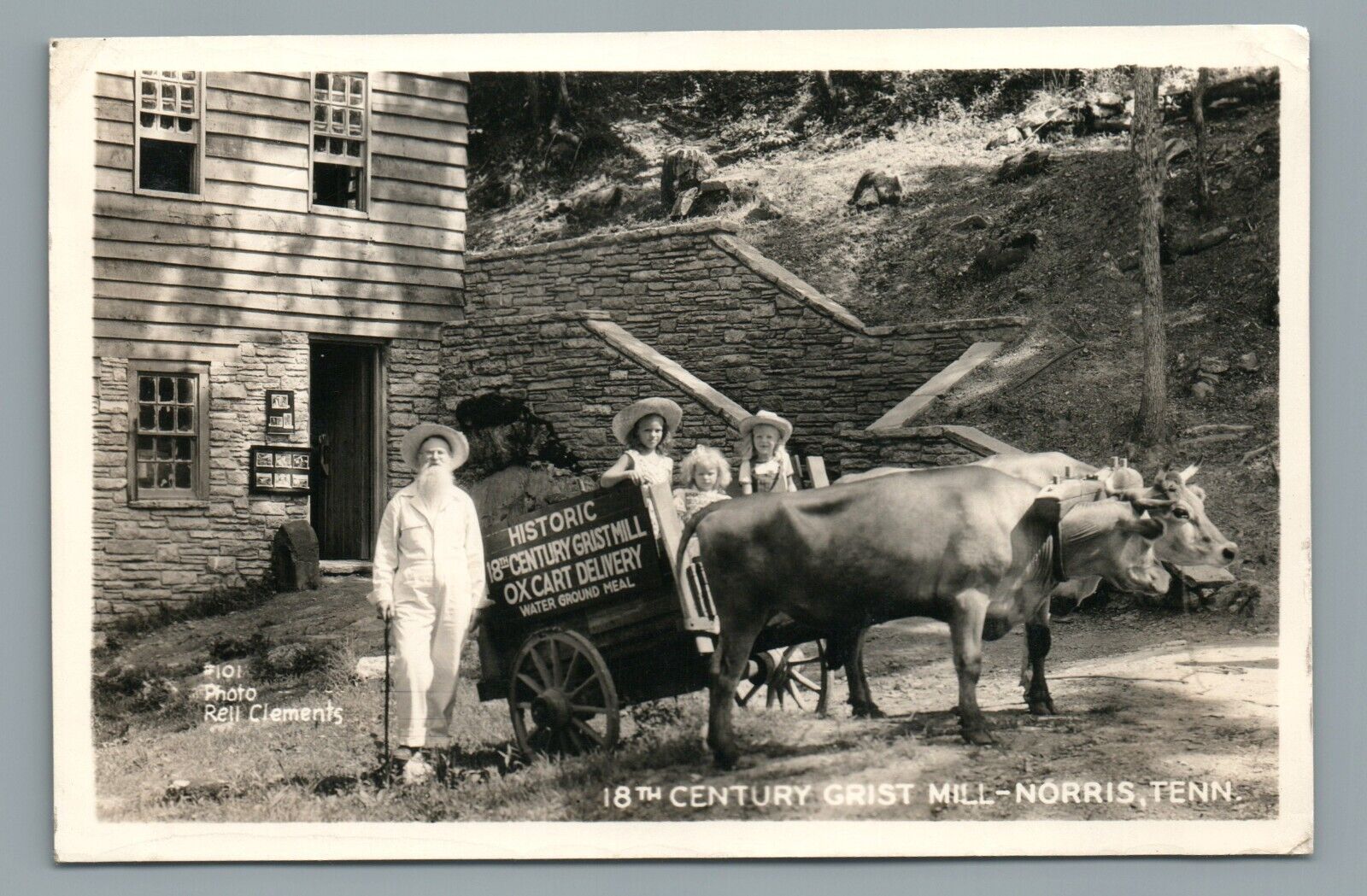 18 Th Century Grist Mill-Norris Tenn. & Ox Cart by Rell Clements RPPC Postcard