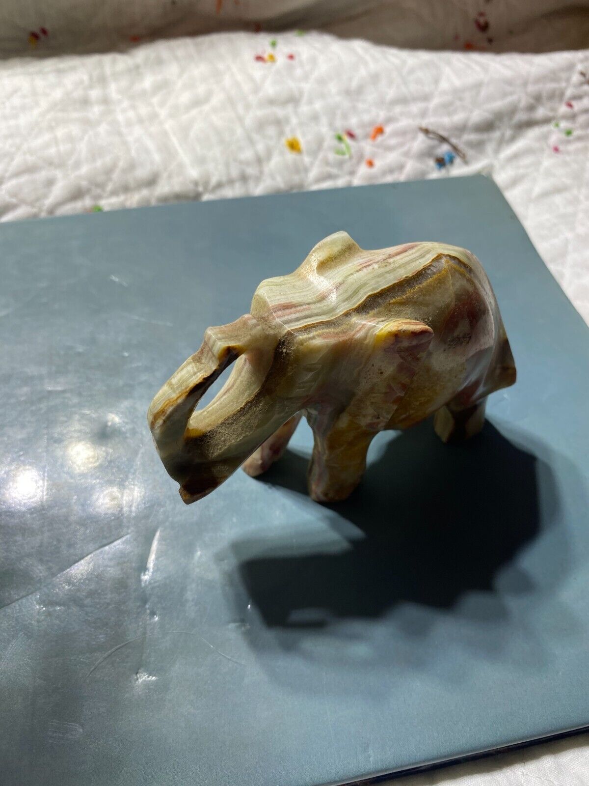 Stunning Multi-Color Stone Aragonite? Carved  Elephant Statue