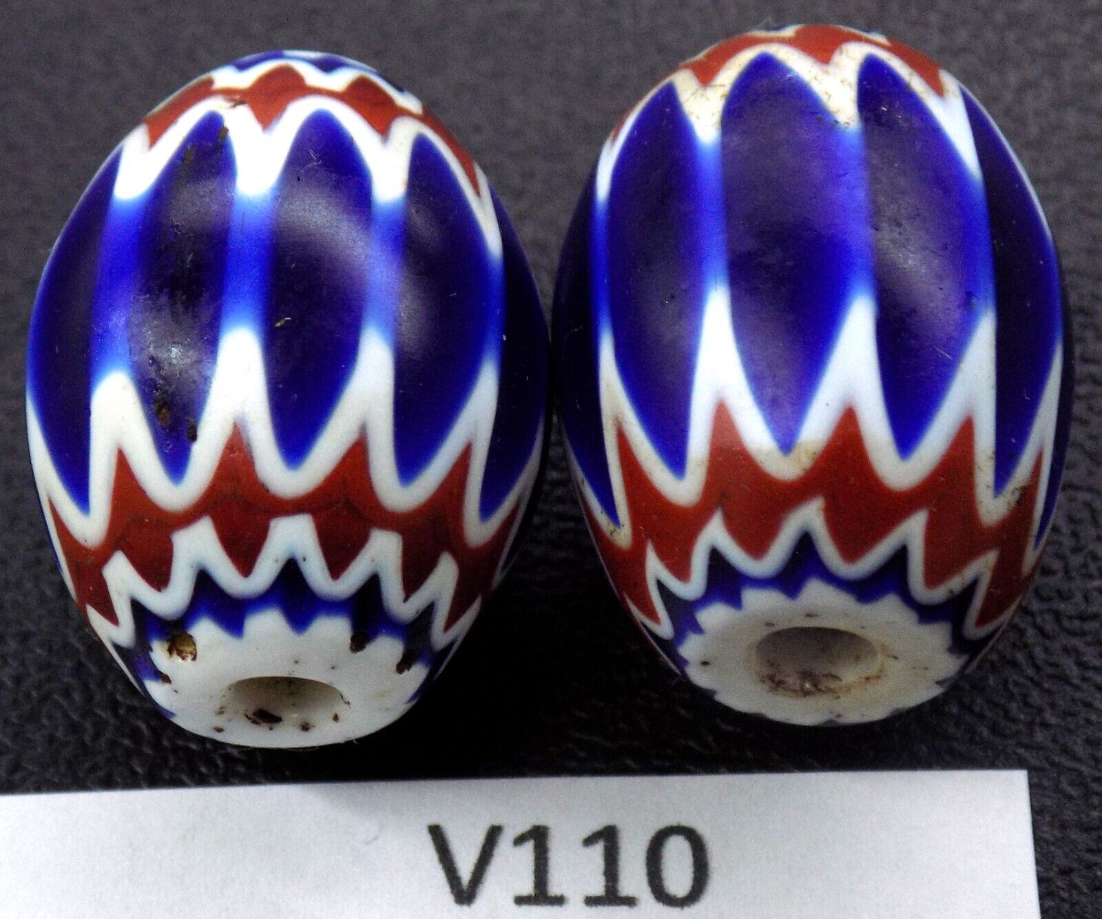 Beautiful Pair of Large Matched Chevron African Trade Beads  V110 BG14