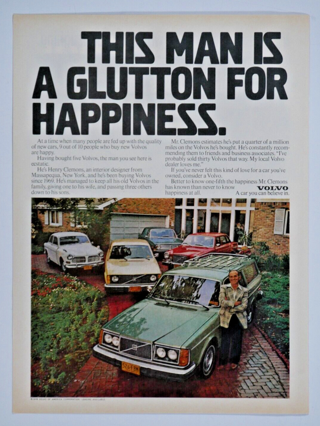 1979 Volvo Vintage Man Glutton For Happiness Original Print Ad 8.5 x 11