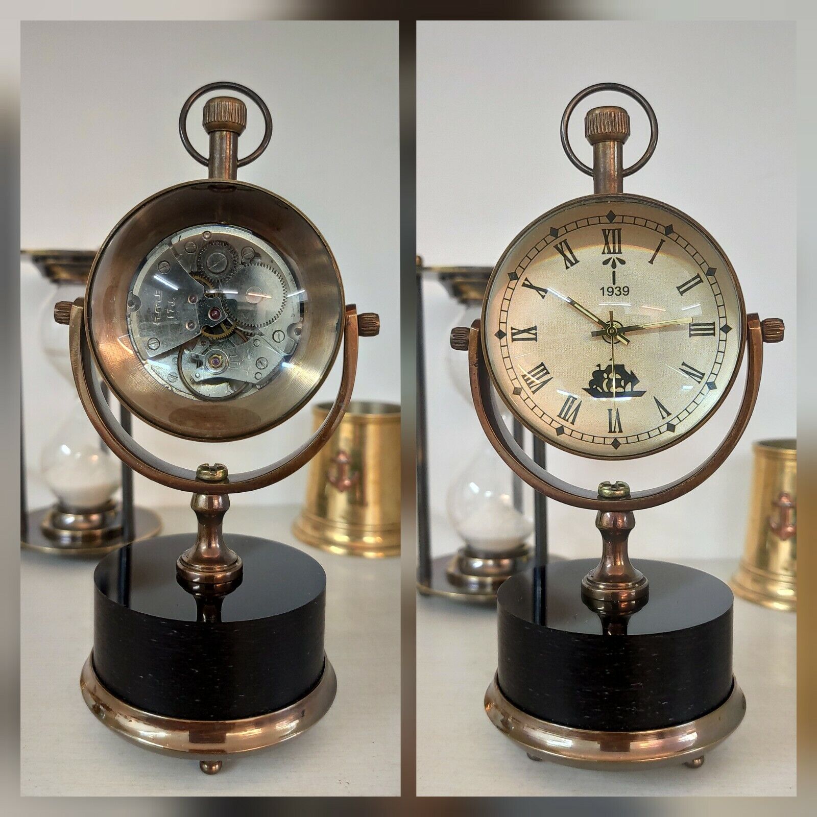 Antique Brass Desk Clock Mechanical Vintage Tabletop Decorative Gift