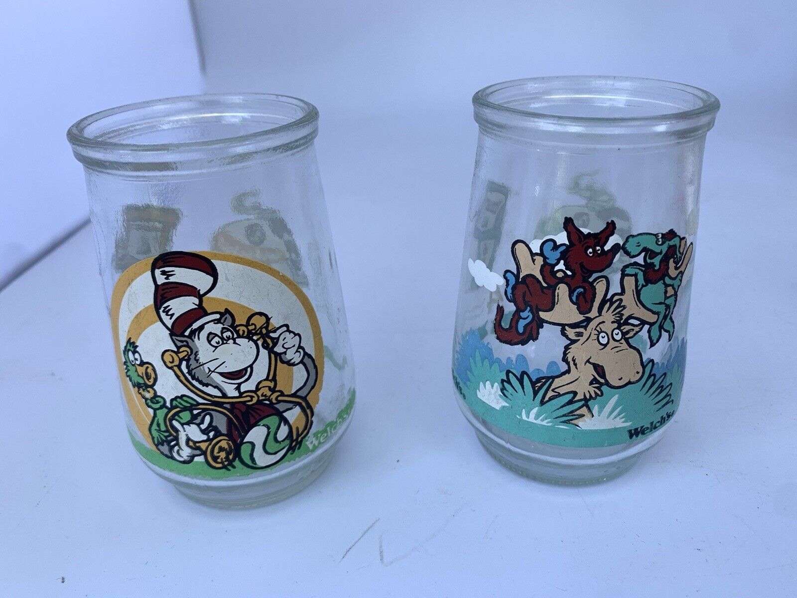 Vintage 1996 Lot of 2 Welch’s Jelly Jar Glasses Dr. Seuss #1 & #4 Cat in the Hat