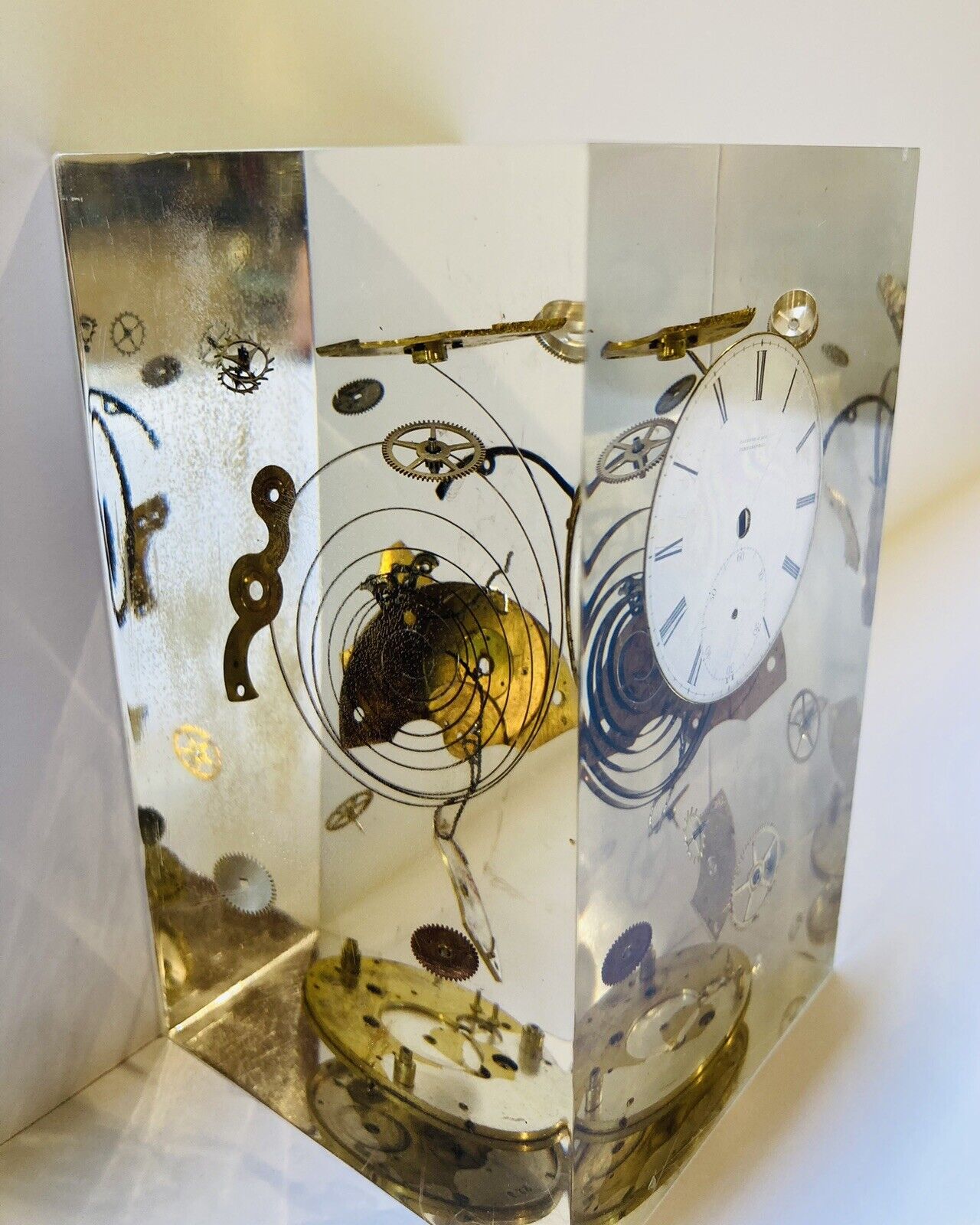 “Disbursement Of Time”Lucite Clock Parts Paperweight Surreal-Steam Punk-Whimsy