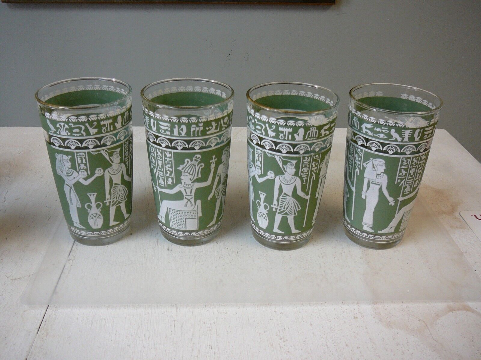 4 Never Used Vintage Green HAZEL ATLAS EGYPTIAN WEDGEWOOD TUMBLER GLASSES 5\