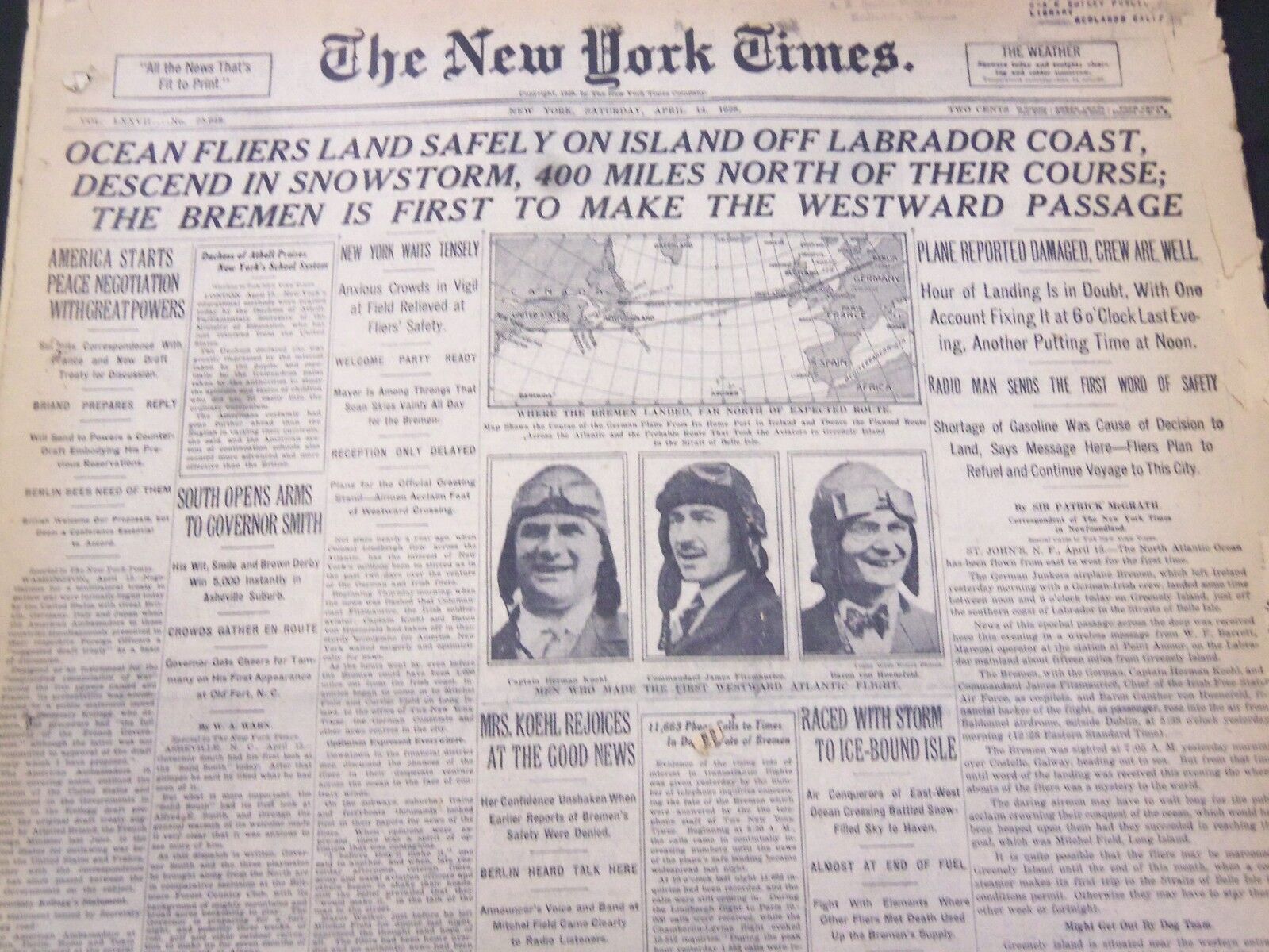 1928 APRIL 14 NEW YORK TIMES - OCEAN FLIERS LAND SAFELY OFF LABRADOR - NT 5350