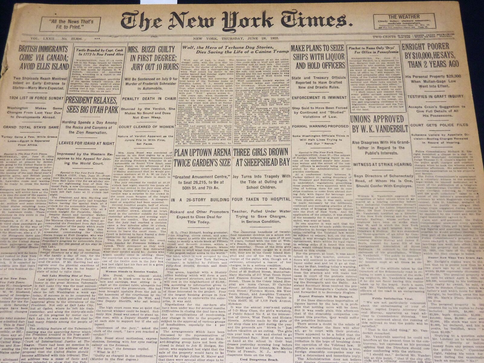 1923 JUNE 28 NEW YORK TIMES - PLAN UPTOWN ARENA TWICE GARDENS SIZE - NT 8723