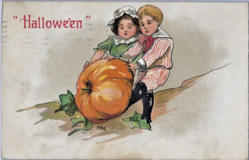 Vintage 1909 HALLOWEEN Postcard CHILDREN CARVE JACK 'O-LANTERN A/S HBG