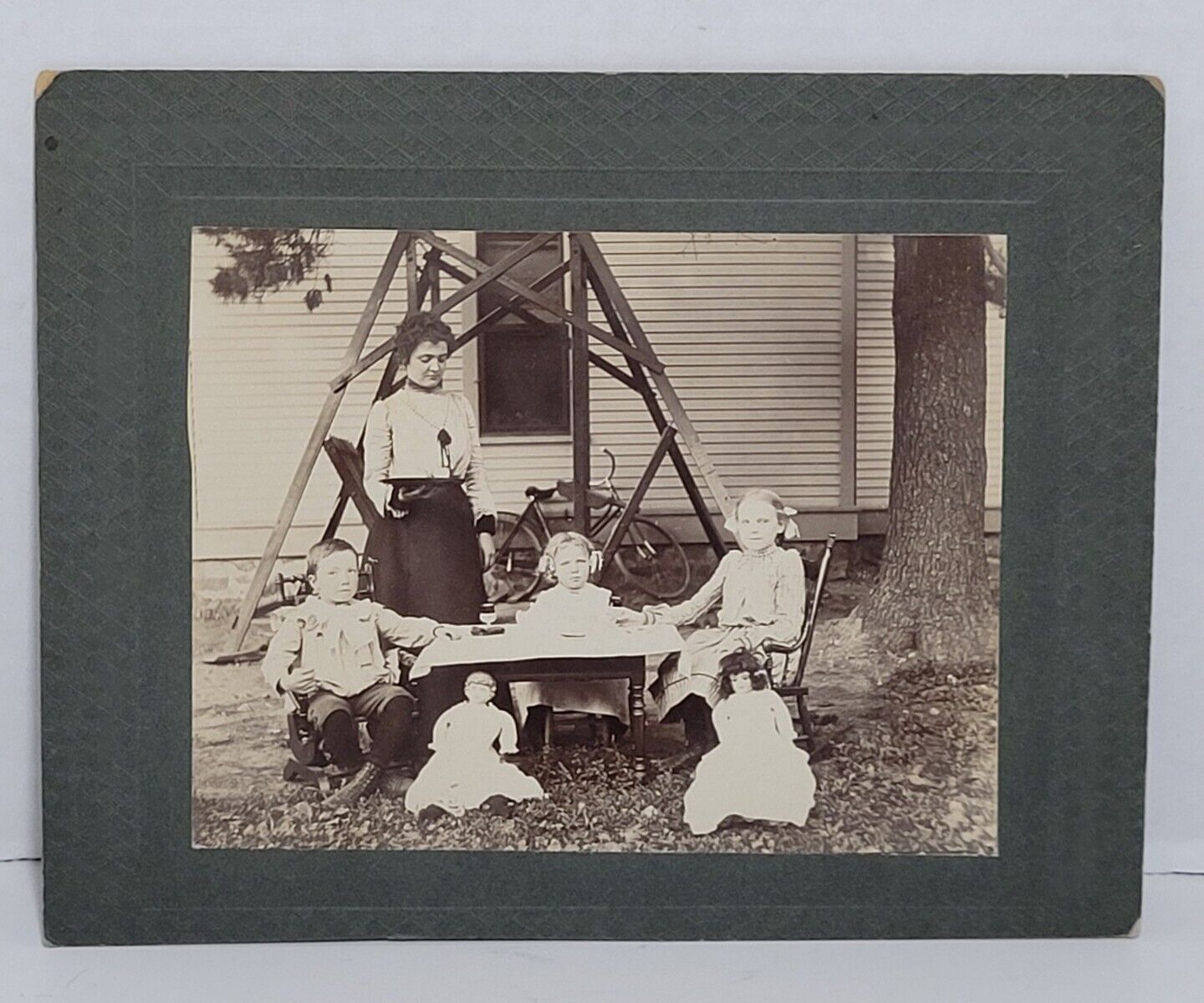 Antique Mounted Photograph Children Dolls Tea Party