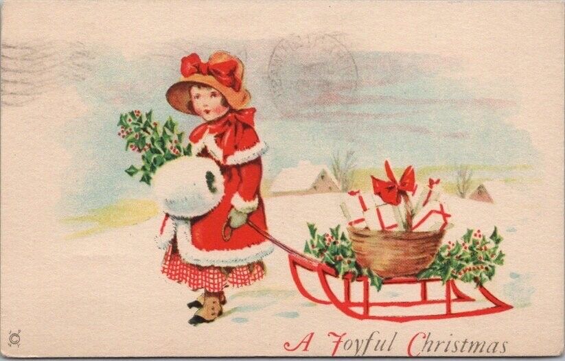 Vintage CHRISTMAS Postcard Girl with Basket of Gifts & Holly on Sled 1924 Cancel