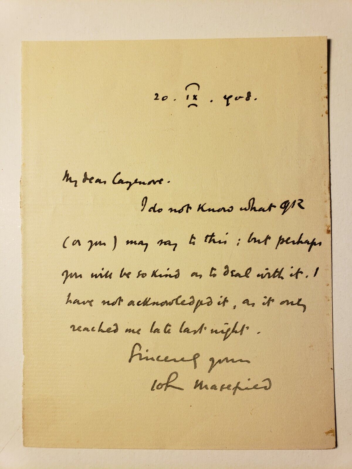 1908 JOHN MASEFIELD LETTER ALS TO HIS LITERARY AGENT CAZENOVE 