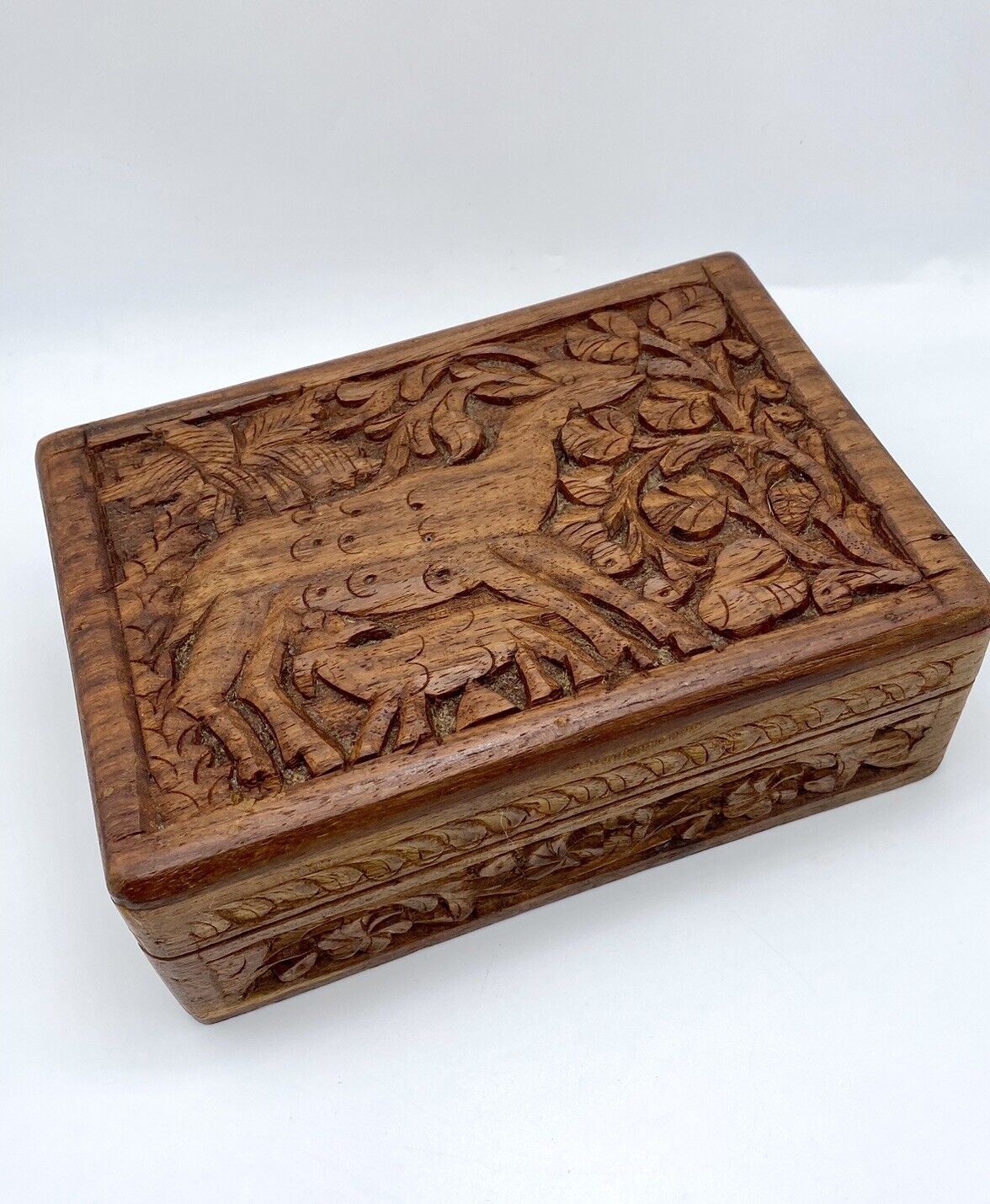 Vintage Hand Carved Wood India Trinket Box Jewelry Apothecary Herbs Spices Tea